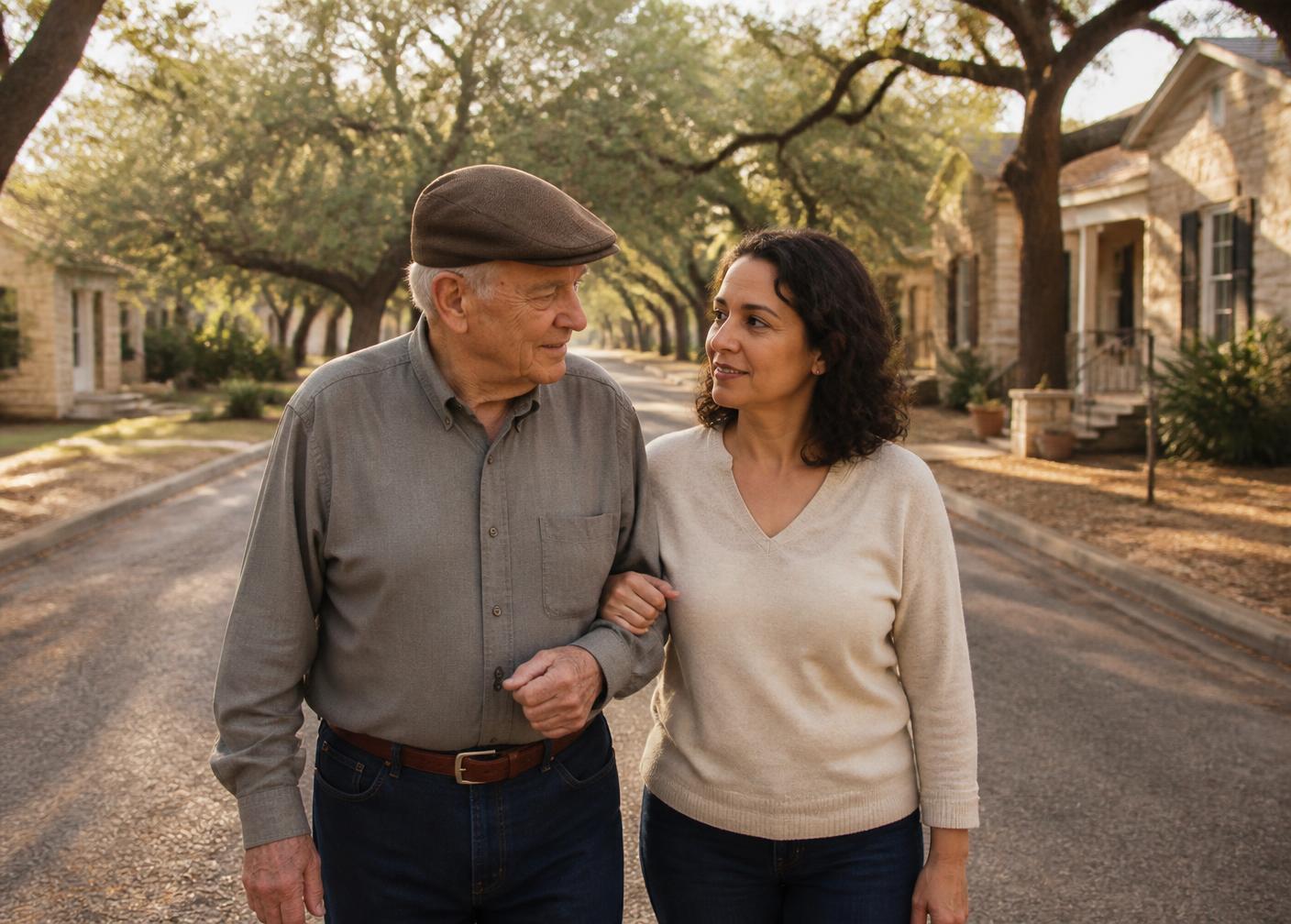 An older man and a companion caregiver walking together along a tree-lined street of limestone homes in Boerne