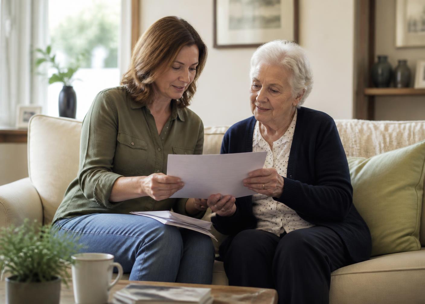 An adult daughter and her elderly mother reviewing home care paperwork together on a living room sofa